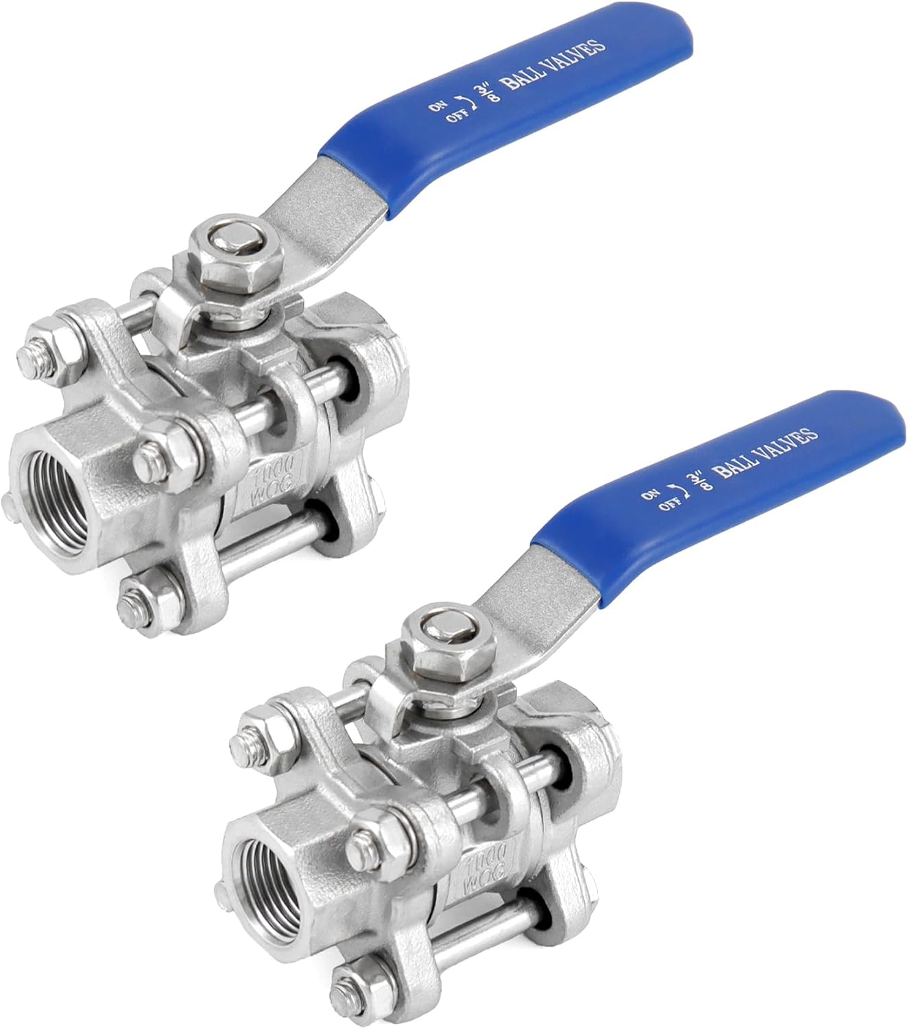QWORK 3PC Ball Valve, 2 Pack 3/8" NPT Female Thread 304 Stainless Steel Ball Valve, 3 Piece Full Port, for Oil, Gas, Water