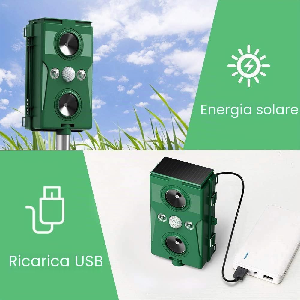 2x Repellente per Gatti Repellente Ultrasuoni Frequenza Regolabile Impermeabile energia solare ricarica ultrasuoni Dissuasore per Piccioni/Uccelli/Cani/Gatti/Topi/Volpi