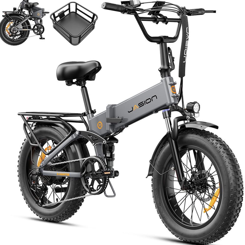 Jasion X-Hunter Foldable Electric Bike for Adults,1400W/1800W Peak,30MPH 70-80 Miles E-Bike,624/720 WH Battery,Full Suspension Ebike,20''*4 Fat Tire Bicycle for Commuting,Certified by UL2849