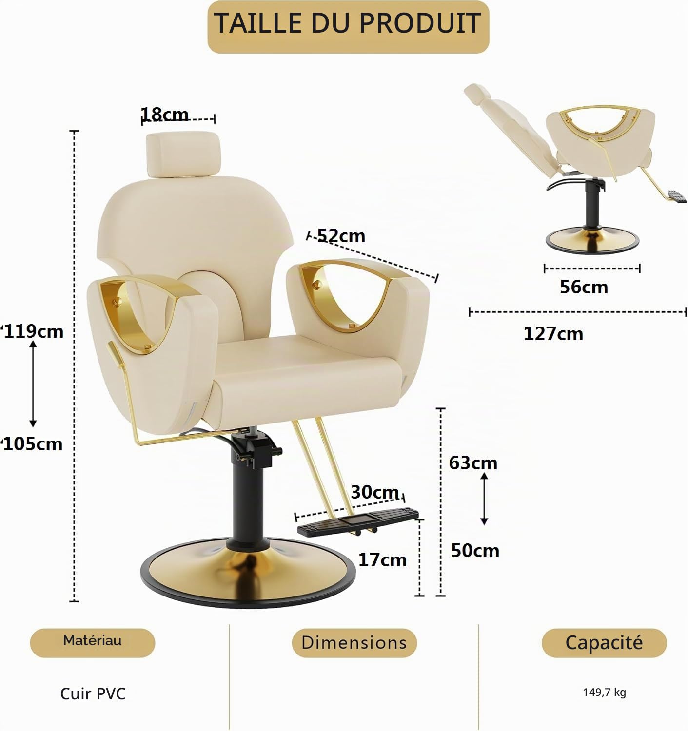 Fauteuil de Coiffure Professionnel Chaise de Barbier Beige
