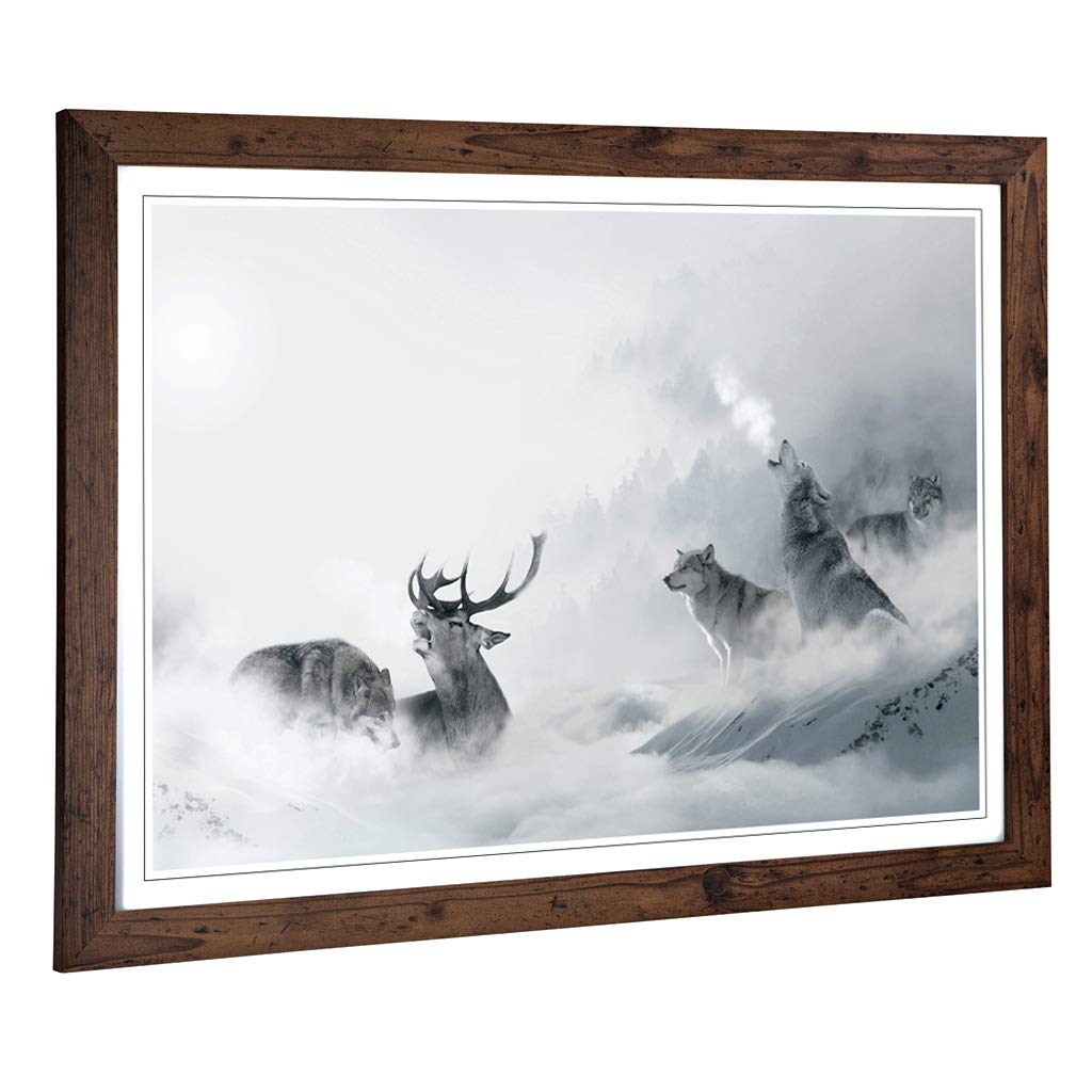 Big Box Art Framed Print of Wolves and Stag Deer Forest Landscape Design | Wall Art Picture | Home Decor for Kitchen, Living Room, Bedroom, Hallway, Walnut, A2 / 24.5x18 Inch / 62x45cm