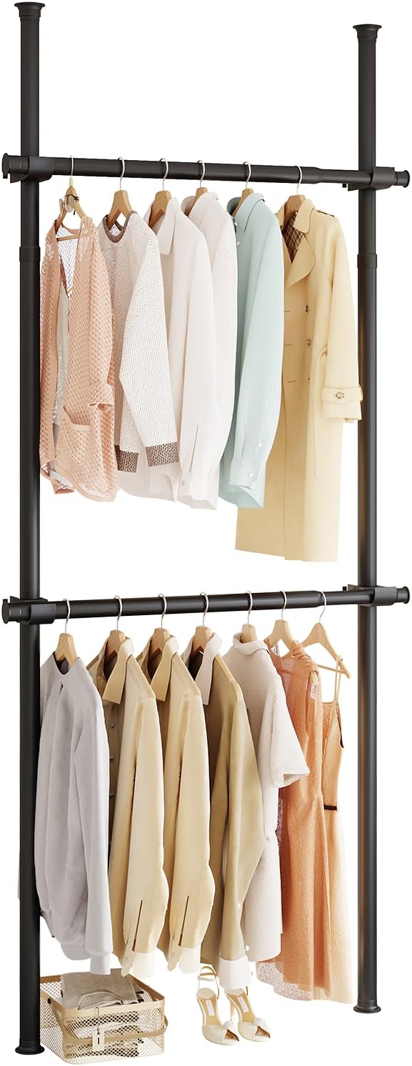 Floor to Ceiling Clothes Rack, Heavy-Duty Telescopic Garment Rack, 43–122in Height & 30–47in Width, 220lbs Total Load Capacity, 2-Pole, Black
