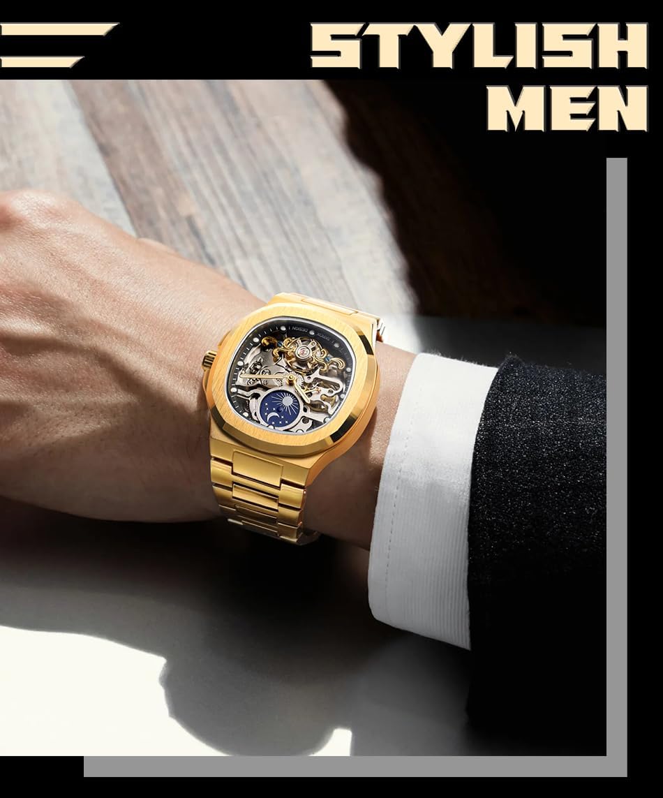 FORSINING Men's Luxury Automatic Self Wind Skeleton Analogue Sun and Moon Watch with Stainless Steel Strap