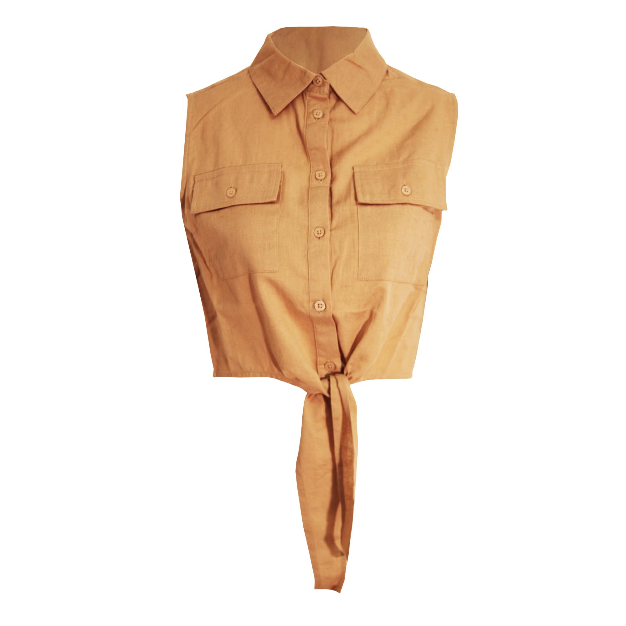 Brave Soul Women's Sand / Elizabeth Tie Front Crop Shirt, L