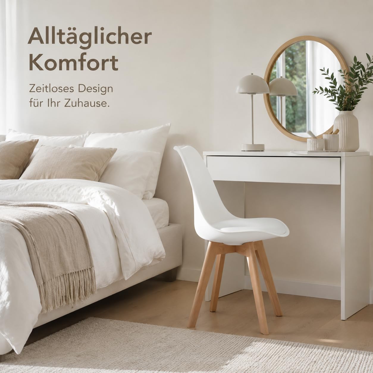 EGGREE 2er Set Esszimmerstühle mit Massivholz Buche Bein SGS Geprüfter, Retro Design Gepolsterter Stuhl Küchenstuhl Holz, Weiß