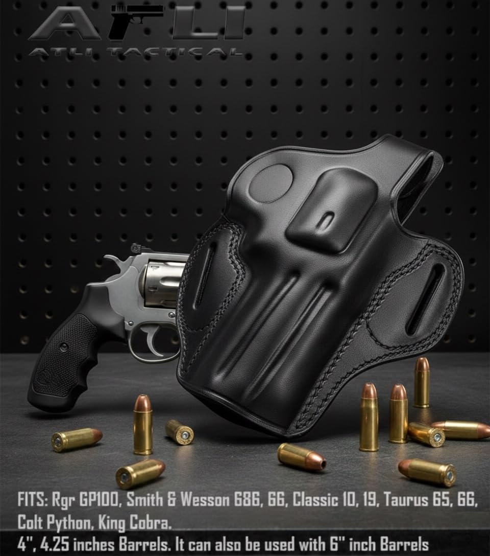 Leather OWB K/L Frame Holster - GP100 Leather Holster - for Rgr GP100, Smith & Wesson 686 66, 10 19 Classic, Taurus 65 66, Colt Python, King Cobra Pistols - 357 Magnum 4 inch Barrel Holsters
