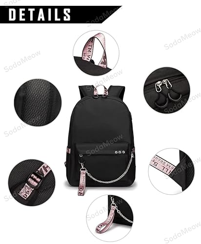 Miniatura 6 de SodaMeow Mochila de anime Nezuko Mochila Tanjiro Kimetsu no Yaiba, llavero gratis, con puerto de carga USB, Negro-a, Casual