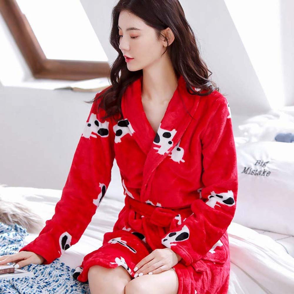 Peignoir d'hiver,Les Dames À La Mode Robe D’Hiver Chaud Corail Toison De Bain Pyjamas À La Maison Porter Confortable Kimono Hôtel Peignoir avec Mignon Animal Imprimé Rouge Fille Sexy