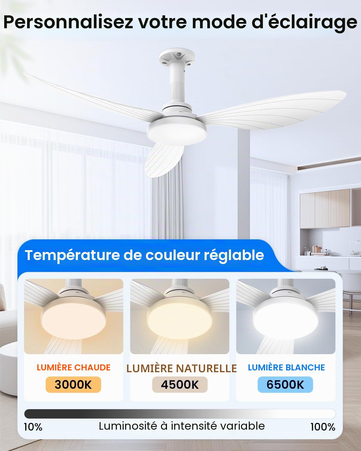 Hisummer Ventilateur Plafond avec Lumiere 106cm E27 Silencieux Réversible Télécommande