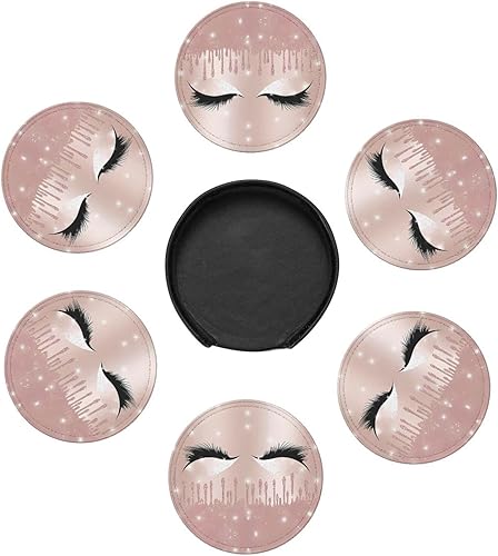 Miniatura 7 de Rose Gold Eyelashes Fashionable Printed Leather Coaster Set,A Set of 6 Pieces,4 Inches in Diameter,Adding an Artistic Atmosphere to Your Desktop