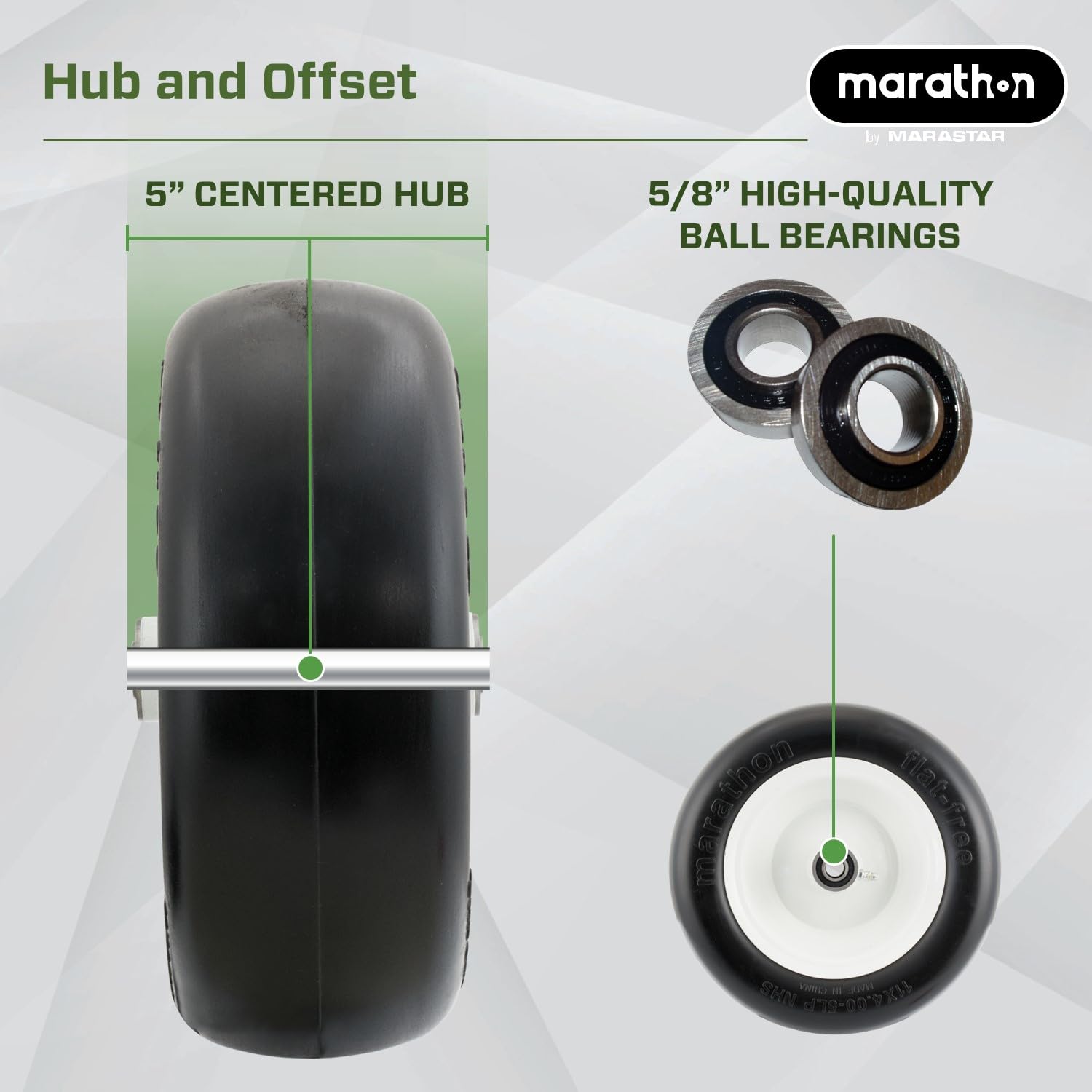 Marathon Neumático para cortacésped sin Planos de 11 x 4.00 sobre Rueda, Cubo centrado de 5 Pulgadas. Rodamiento de 5/8 Pulgadas
