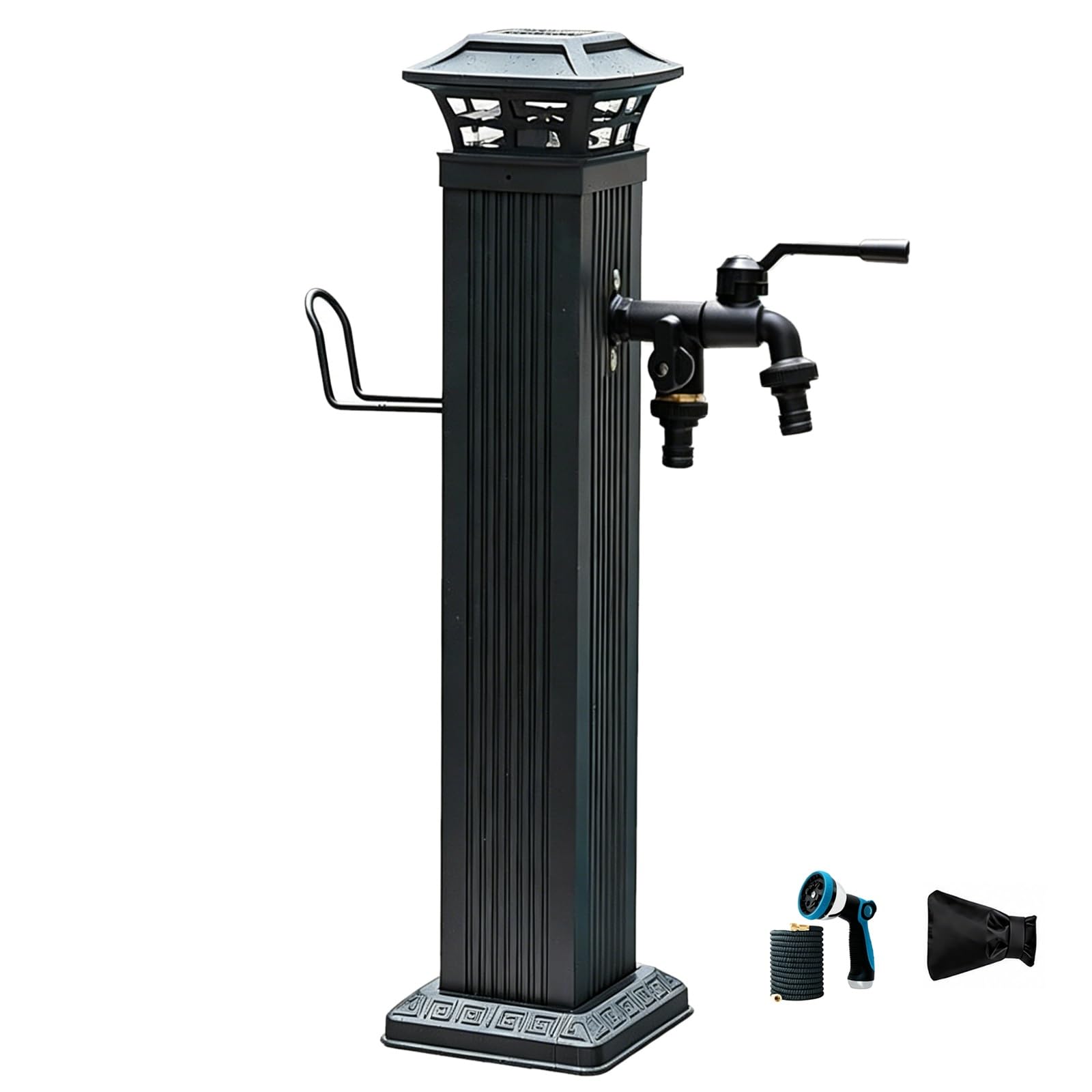 Yangllyj Black Freestanding Garden Water Column, Frost Proof Yard Hydrant With Solar Light, Dual Water Outlets And Hose Holder For Backyard Patio