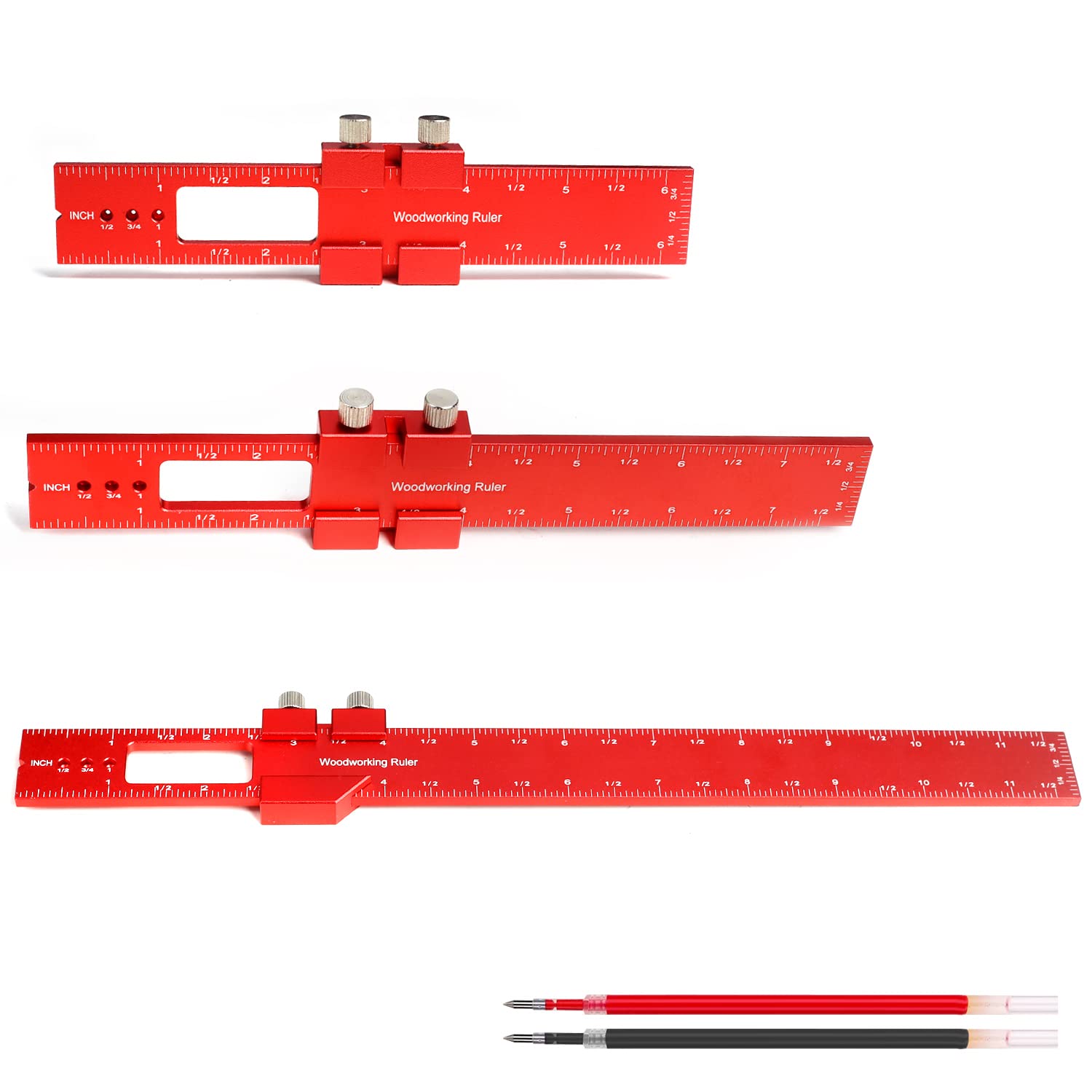 Precision Pocket Ruler Metal Slide Rule Inch and Metric, 3Pcs Aluminum Woodworking Rulers with Slide Stop T-Type Scribing Ruler Square Ruler T Track Ruler Marking Measuring Ruler