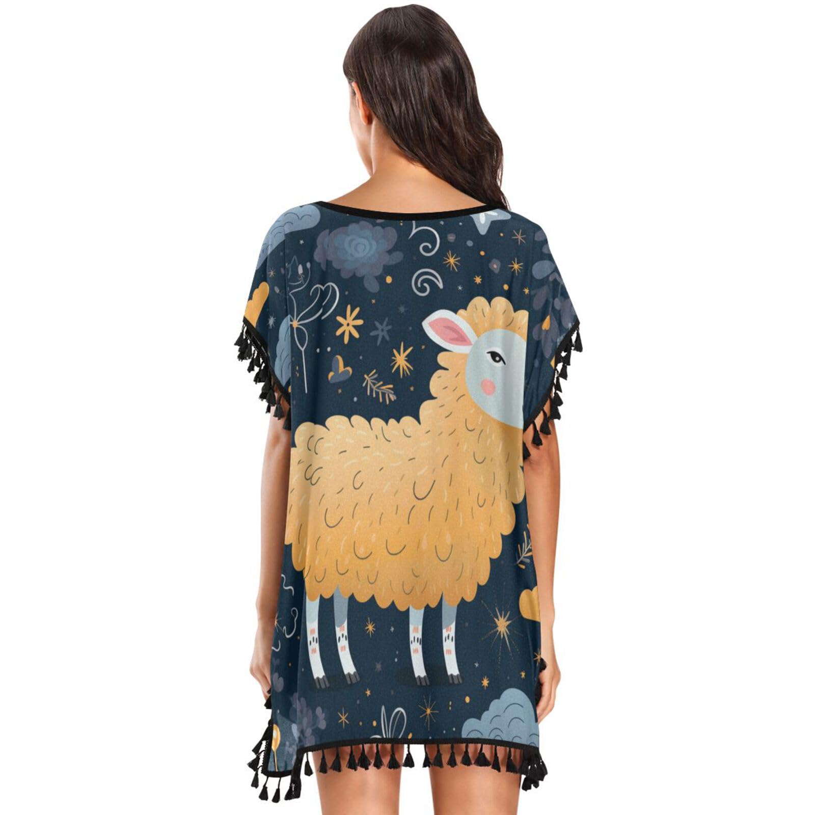 KAAVIYO Cute Stars Sheep Space Women's Beach Cover Up Chiffon Tassel Swimwear Swimsuit Coverups for Girl