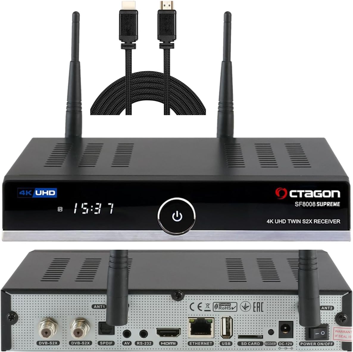 OCTAGON SF8008 UHD 4 K Supreme Twin Sat Receiver  NONIC HDMI Cable 2X DVB-S2X Tuner E2 Linux & Define OS with PVR Recording Function M.2 M Key Gigabit LAN Sat to IP Card Reader WiFi WLAN