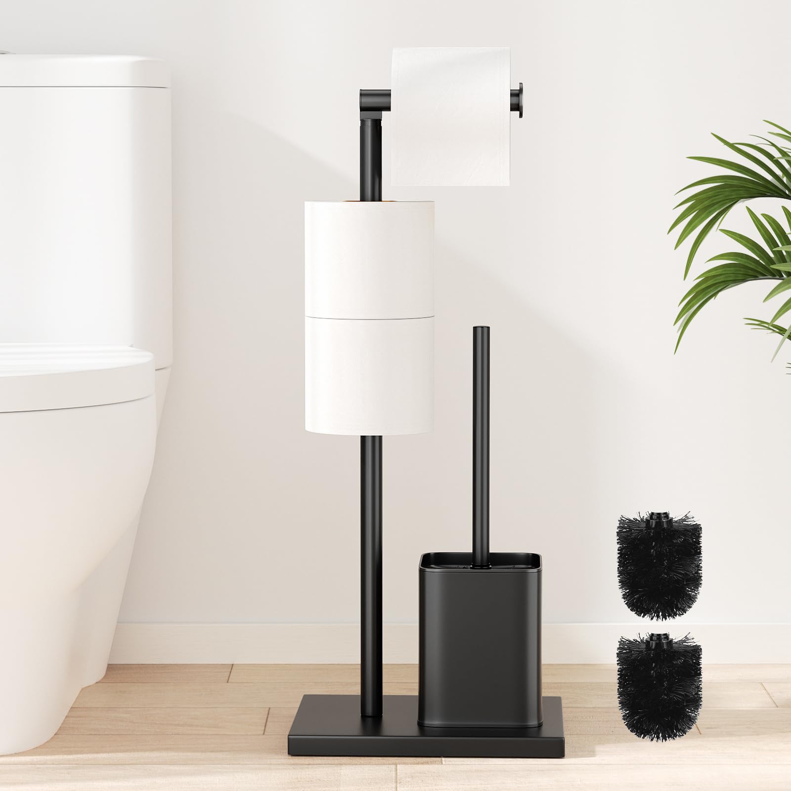 Freestanding Toilet Paper Holder & Brush Set Matte Black Stainless