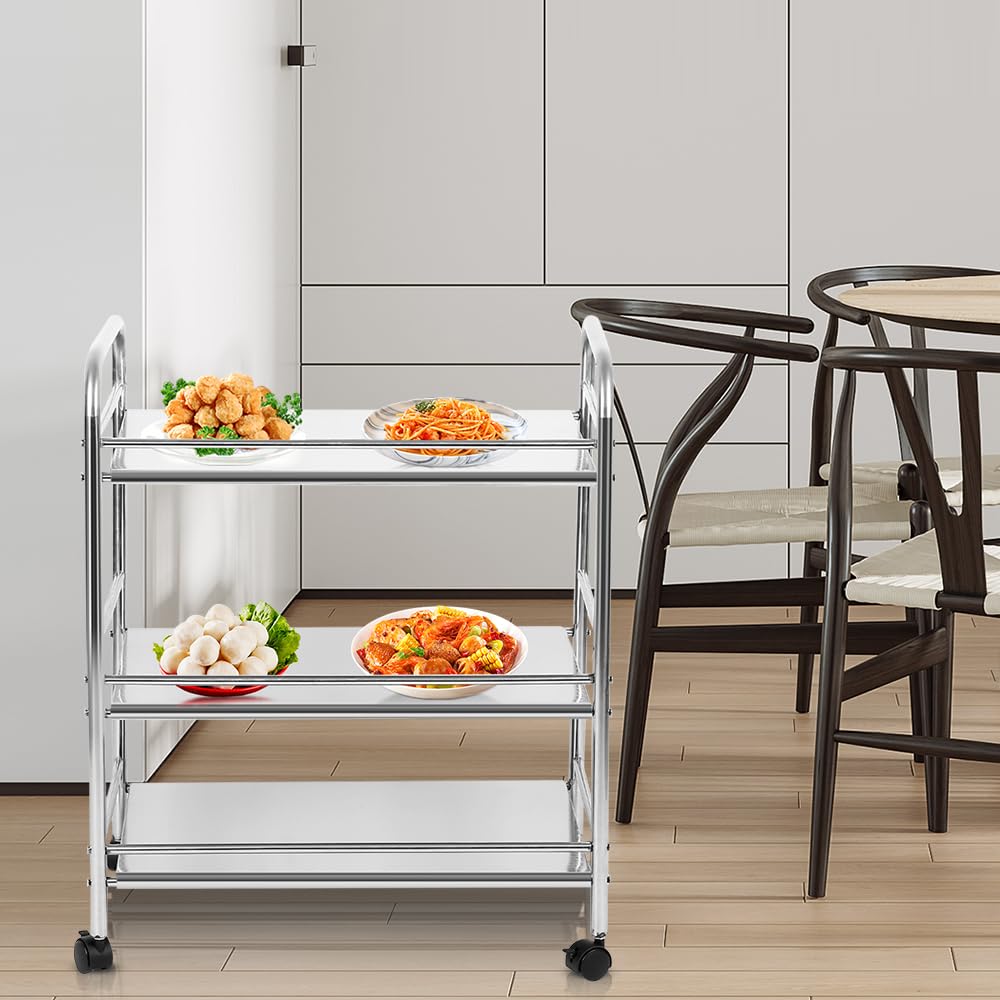 XANNI Carrello di servizio in acciaio inossidabile, carrello da laboratorio a 3 livelli con recinzione, con 4 ruote girevoli e freni di parcheggio, 61 x 36 x 75 cm