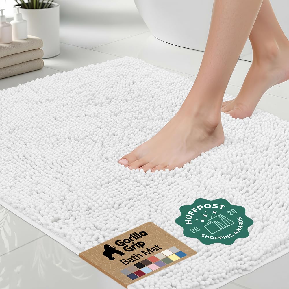 Gorilla Grip Original Luxury Chenille Bathroom Rug Mat, 48x24, Extra Soft and Absorbent Shaggy Rugs, Machine Wash and Dry, Perfect Plush Carpet Mats for Tub, Shower, and Bath Room, White — image 1
