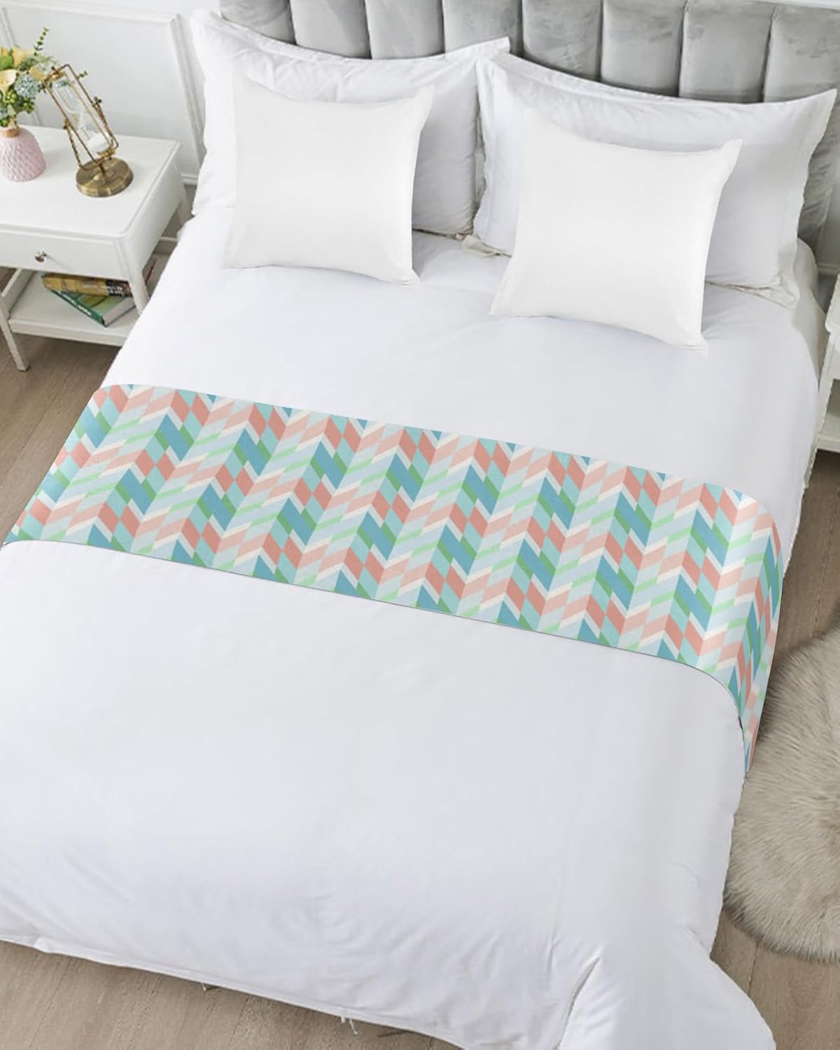 Bed Runner Scarf, Abstract Geometric Blue Pink Green White Herringbone Pattern King Bed Bedding Scarves Cover Decorative Bed Scarf for Home Hotel Guesthouse Bedroom Wedding Room Guestrooms 94"x20"