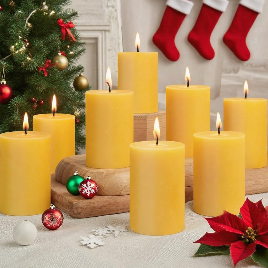 8 Packs Natural Beeswax Pillar Candles, 2x3in Organic Pillar Candles-256 Hours Beeswax Emergency Candles Long Burning Time Smokeless Dripless Bees Wax Candle for Home Paryer Relax