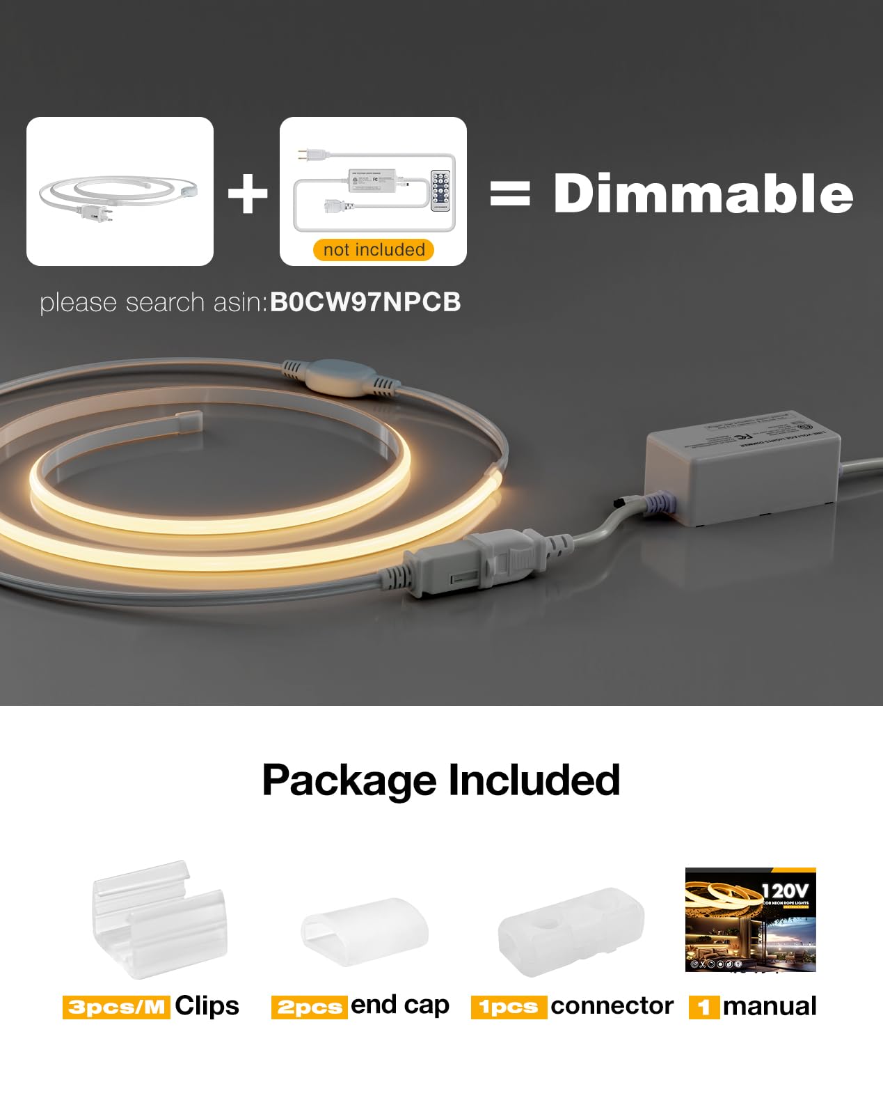 Cuerda de luz LED de neón COB de 110 V, 33 pies, 2800 K, luz LED blanca cálida con pegamento trasero, cuerda de luz LED de neón de silicona cortable para gabinete, hogar, oficina, proyectos de