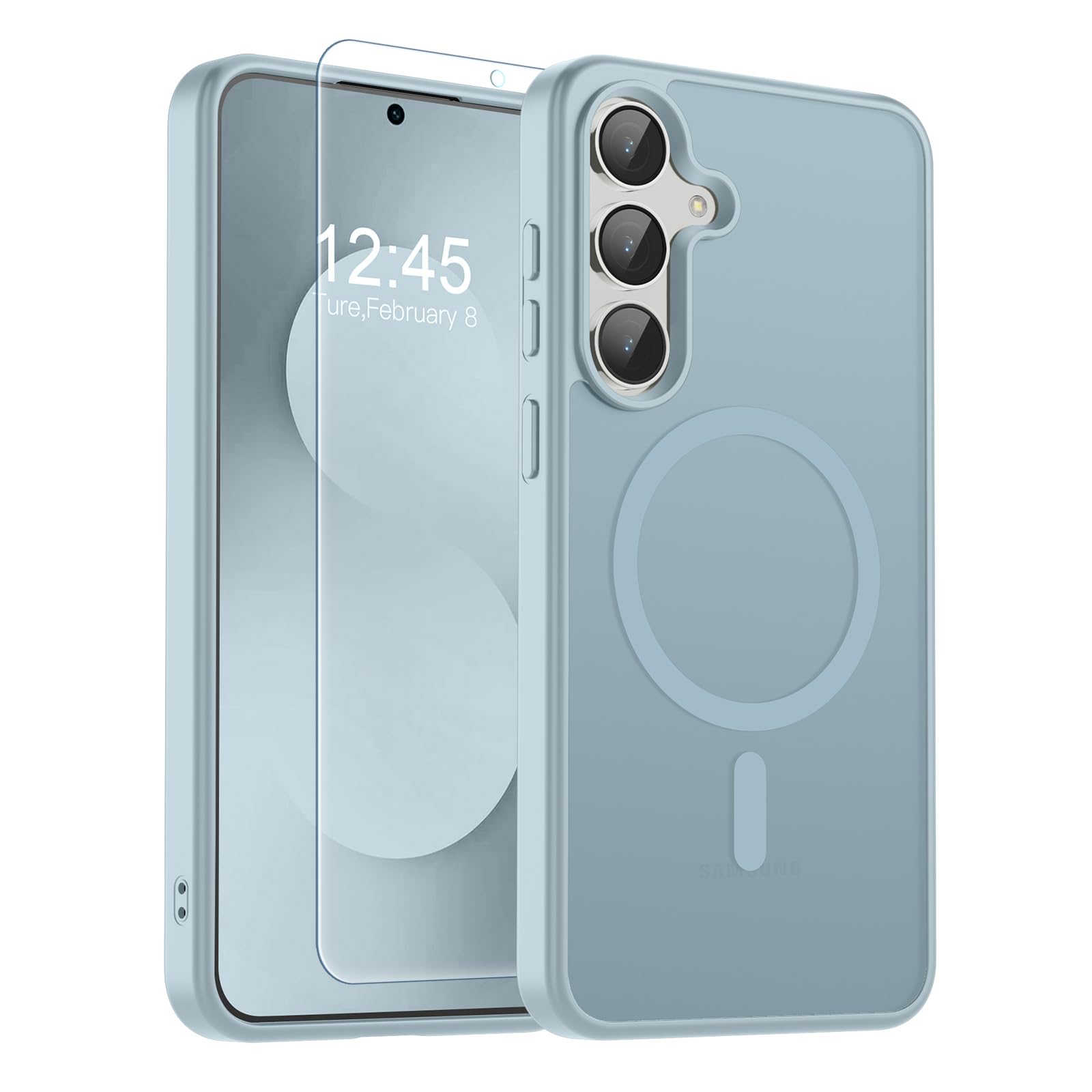 SUPFINE Magnetic for Samsung Galaxy S25 FE Case with Screen Protector, (Built-in Magnets) (Military Grade Drop Protection) Slim Translucent Shockproof Phone Case,Sliver Blue