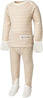 ScratchSleeves Baby,Clothing,Baby Boys 0-24m,Sleepwear & Robes,Pyjama Sets ScratchSleeves | Striped PJ Set for Itchy Babies and Toddlers | Cream/Cappuccino