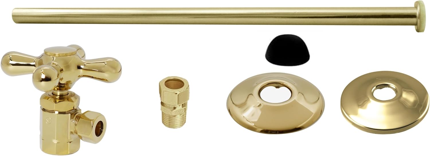 Westbrass D1812T-01 Toilet Tank Supply Kit with Cross Handle Angle Stop and Flat Head Riser, Polished Brass
