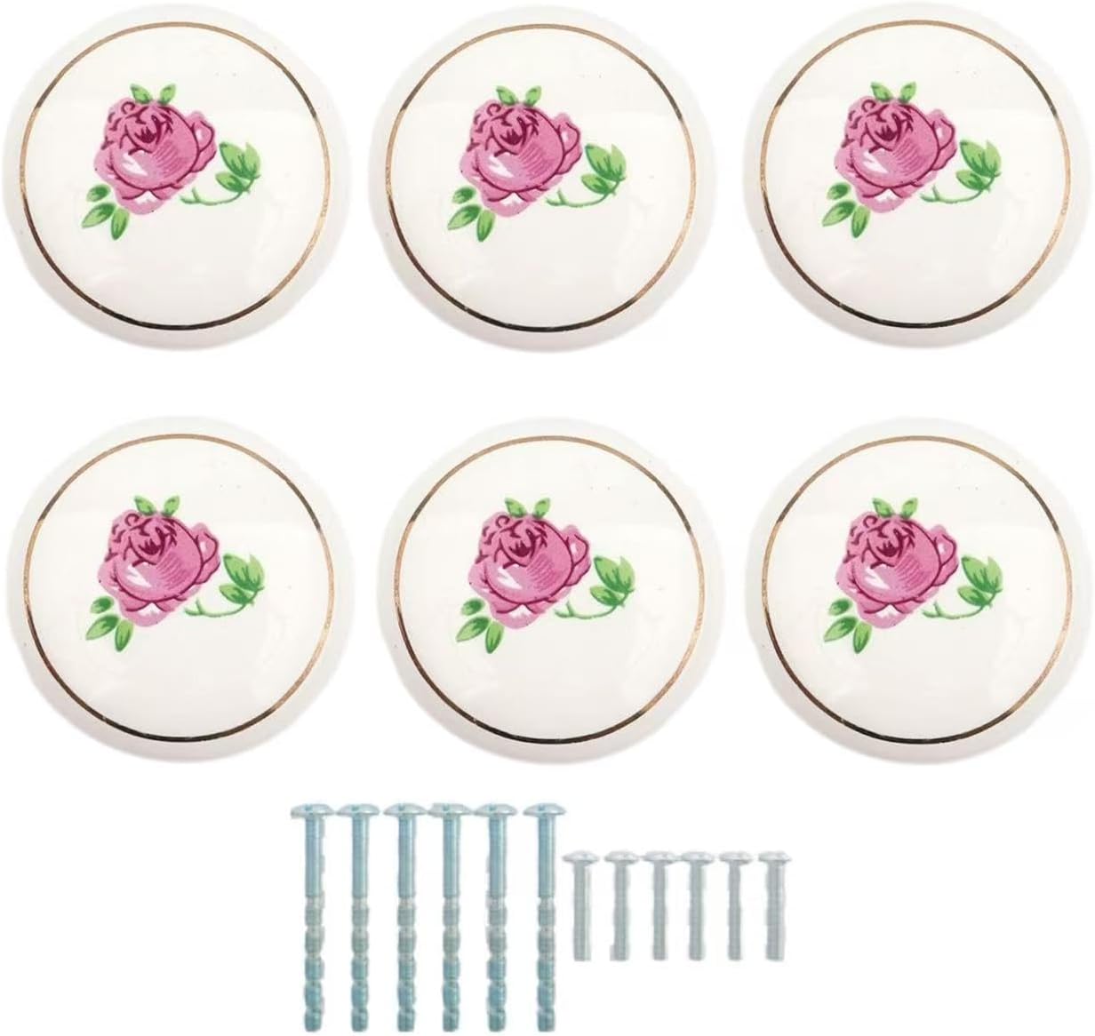 Hand Painted Ceramic Knobs Kitchen Cabinet Retro Vintage Door Drawer Handles Pulls for Dresser Cupboard Wardrobe (Pink Rose) 6 pcs