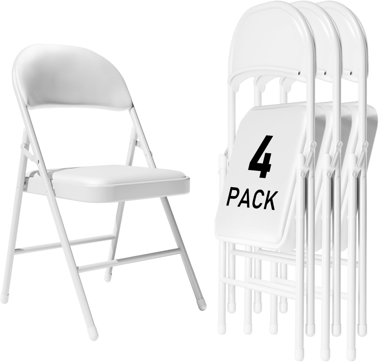 4 Pack White Folding Chairs with Padded Cushion and Back for Outside Portable Stackable Commercial Foldable Chairs with Steel Frame for Events Office Wedding Party, 350lbs Capacity