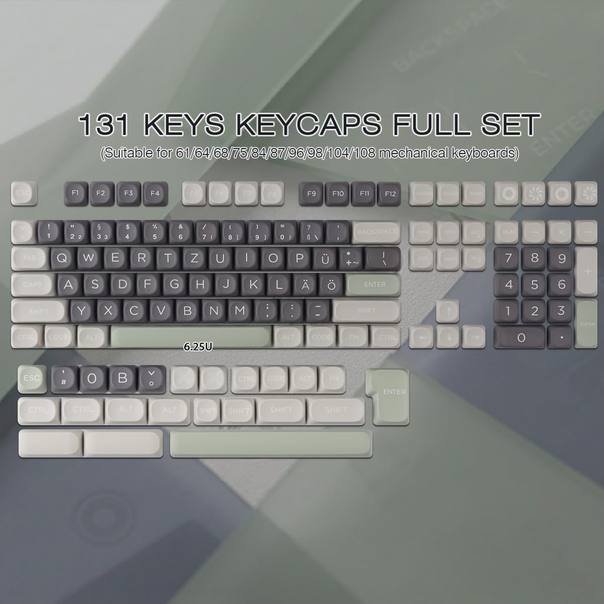 PBT Touches allemandes 131 touches Double Shot Profil MOA Minimaliste Rétro Blanc Gris Vert Touches personnalisées pour Cherry MX Switch ISO QWERTZ Clavier mécanique