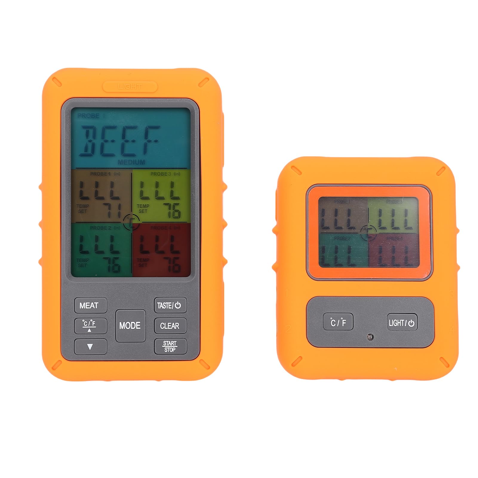 Kabelloses Smart-Fleischthermometer mit Farbdisplay, 4 Sonden, Digitales Grillthermometer, Lauter Alarm, Visuelle Warnungen, 5 Kochstufen, Kabellose Reichweite Bis zu 100 M, Küche (Orange)
