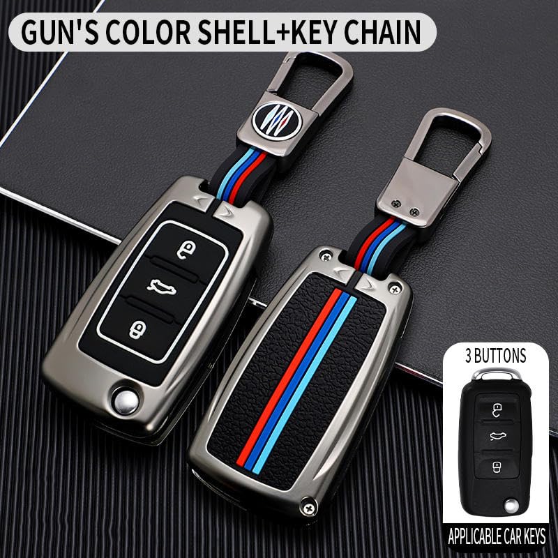 Image of KMH Metal Car Key Cover Compatible with Volkswagen Polo, Vento, Jetta, Ameo Model Smart Flip Keycover with Keychain 3 Button Key Shell Case Holder Protector (Metallic) Pack of 1
