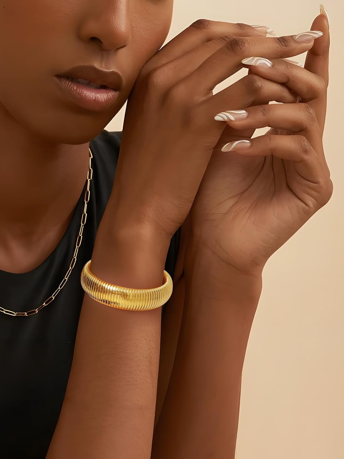 KeyStyle Bangle Bracelets for Women, Stainless Steel Stretch Bracelet Flexible Wide Link Chain Gold Wristband GoldChic Twisted Jewelry, 10mm, 16mm, 20mm