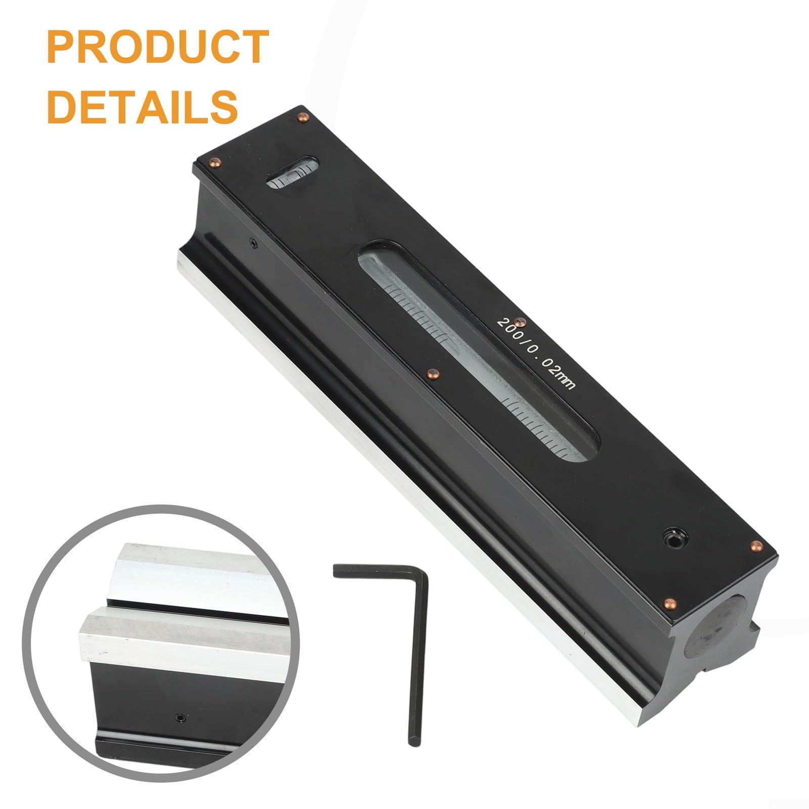Nivel de tira industrial de 100 mm, resolución de 0,02 mm para configuración de máquina herramienta, base de metal, vial de burbujas graduadas con llave y caja de madera para talleres de medición