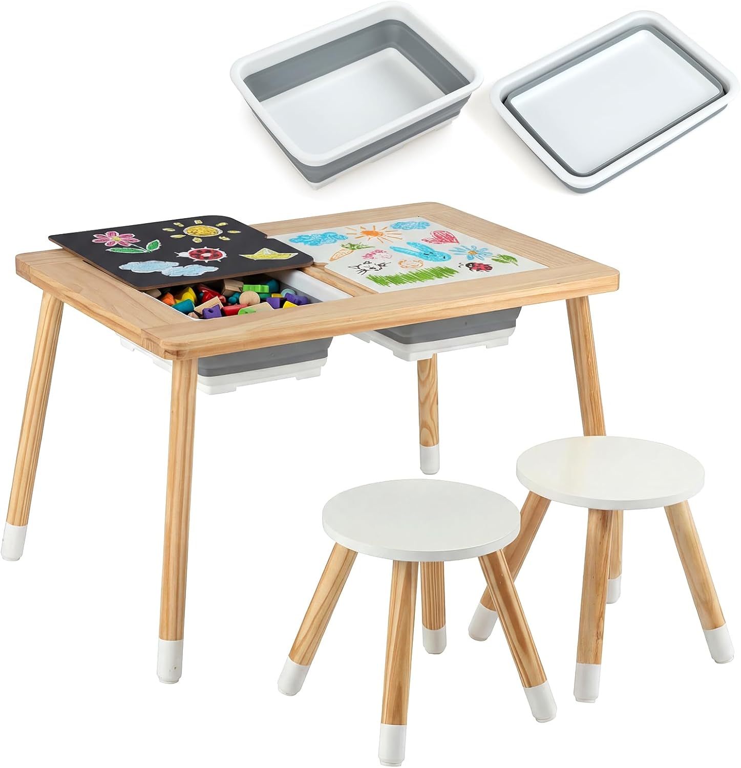 Costzon Toddler Sensory Table and Chairs, Wooden Table and Chair Set w/Double-Sided Boards & 2 Foldable Storage Bins, All-in-One Kids Activity Table for Draw, Sand, Water Play (3 PCS,Natural & White)