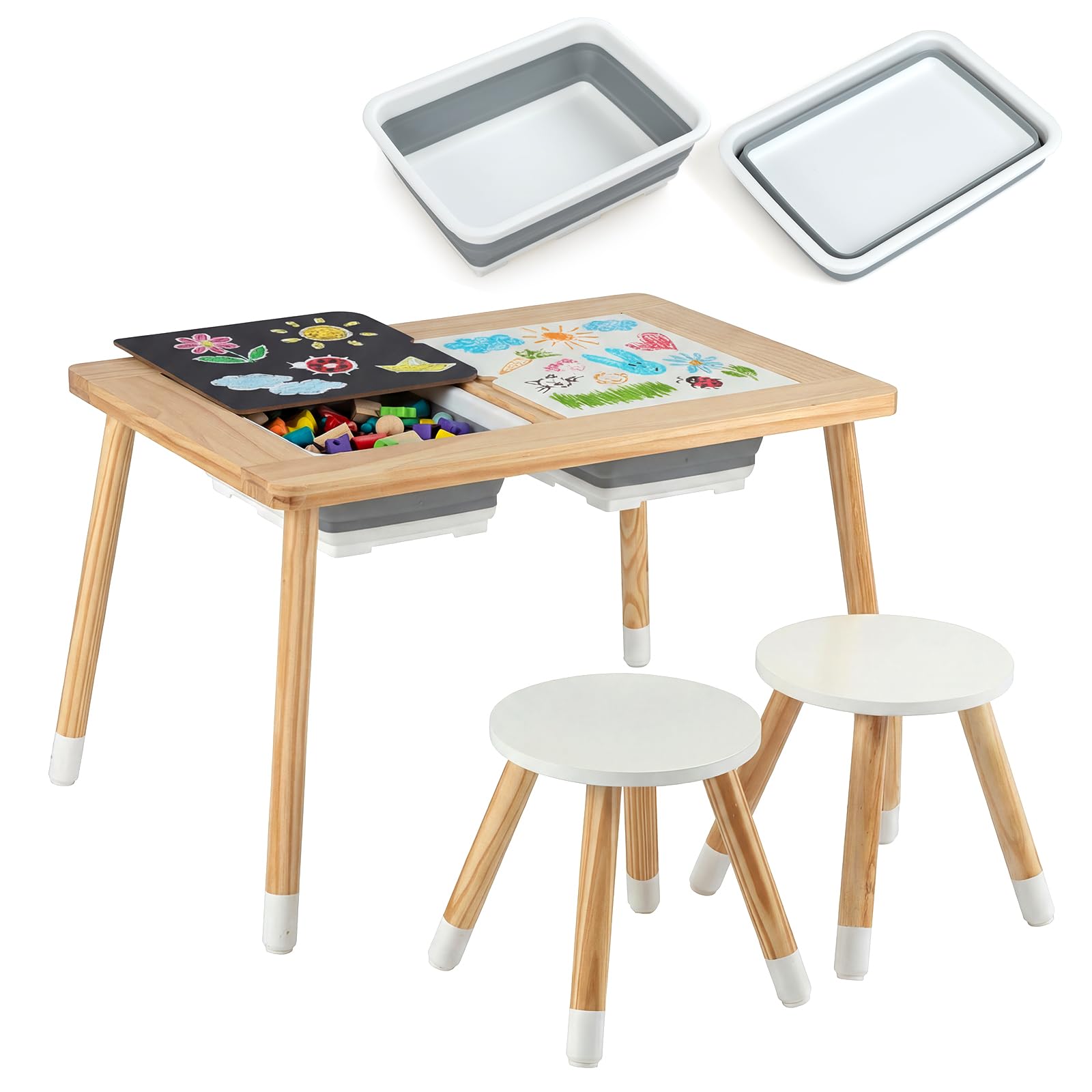 Costzon Toddler Sensory Table and Chairs, Wooden Table and Chair Set w/Double-Sided Boards &amp; 2 Foldable Storage Bins, All-in-One Kids Activity Table for Draw, Sand, Water Play (3 PCS,Natural &amp; White)
