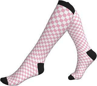 Compression Socks, Pink Checkered Knee High Socks for Women Men | 15-20 Mmhg Knee High Fit, Stretch Knit, Moisture-Wicking Feel, For Nurses, Travel, Running, Cycling And Work