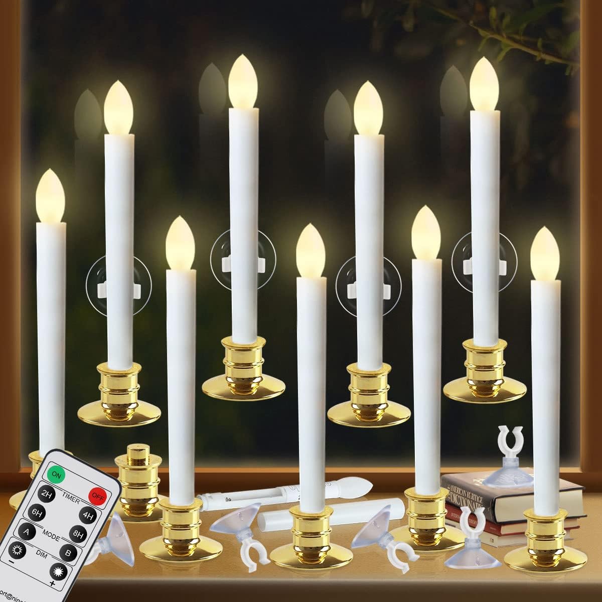 Window Candles with Remote Timers 10PCS Battery Operated Flickering Flameless Led Electric Candle Lights with Gold Base and 10PCS Suction Cups Taper Candles Holder for Christmas Decorations