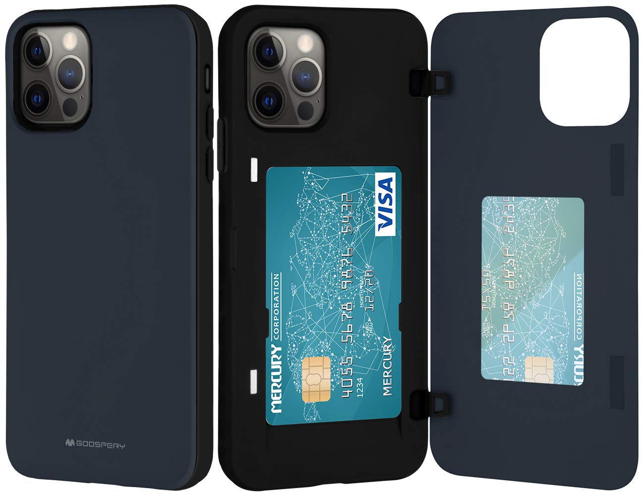 Goosperyfor iPhone 12 Pro Max 6.7"(2020) Card Holder Wallet Case, Easy Magnetic Door Closure Protective Dual Layer Bumper Sturdy Phone Back Cover with Hidden Mirror (Midnight Blue) IP12PM-MDB-NVY