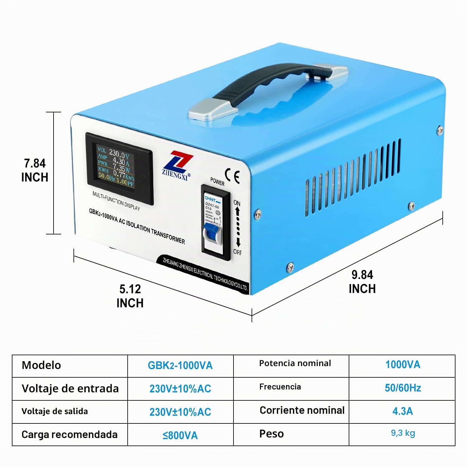 ZHENGXI ELECTRIC Transformador de aislamiento 230v, transformador de tensión 1000w, pantalla de alta definición, sin nariz, 2 tomas de salida
