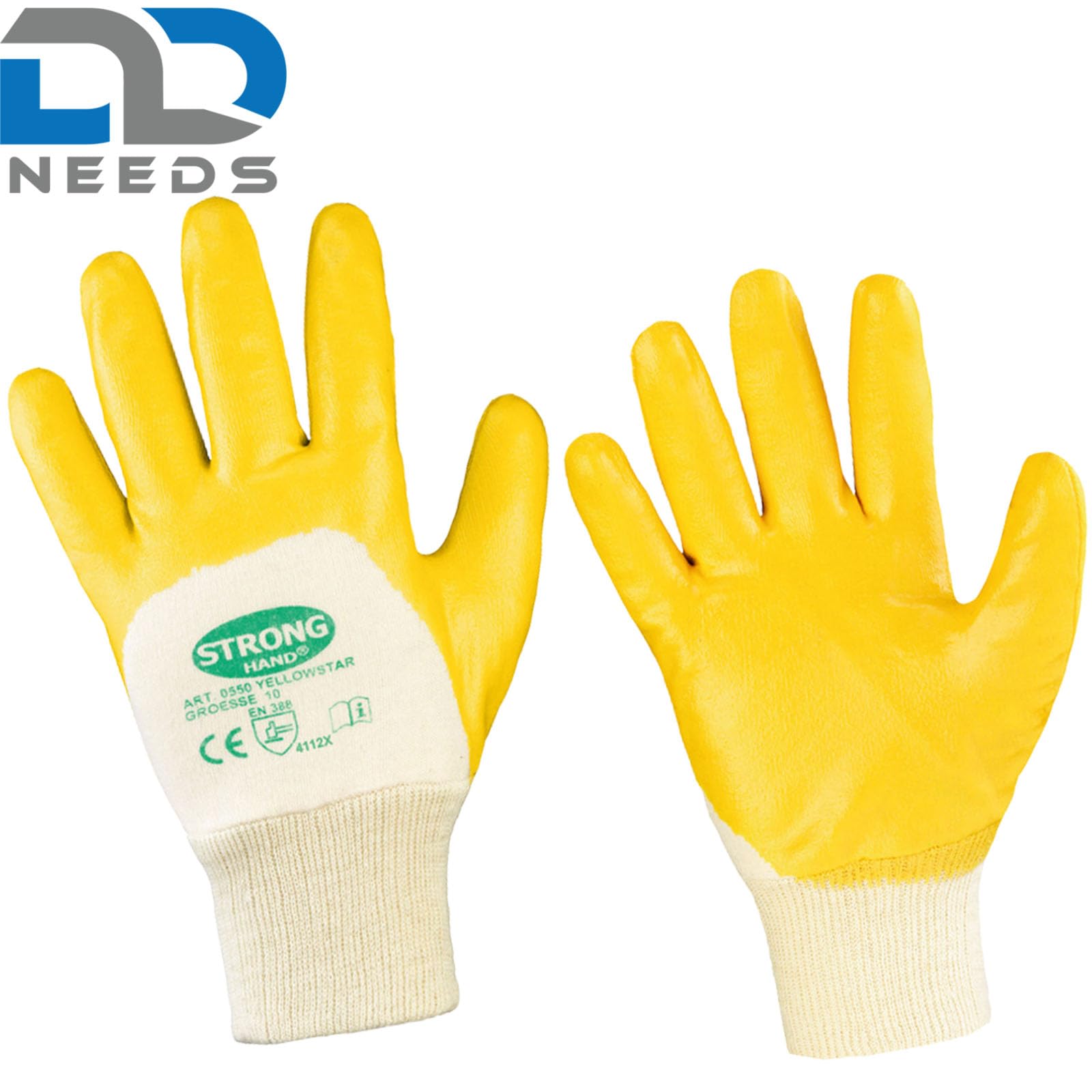 D2D | 144 Paar - Baumwollhandschuhe - Größe: 10 (XL) - Gelb - mit Nitril Beschichtung - Norm EN 388 CAT 2 - Arbeitshandschuhe - PU-Montagehandschuhe Gartenhandschuh