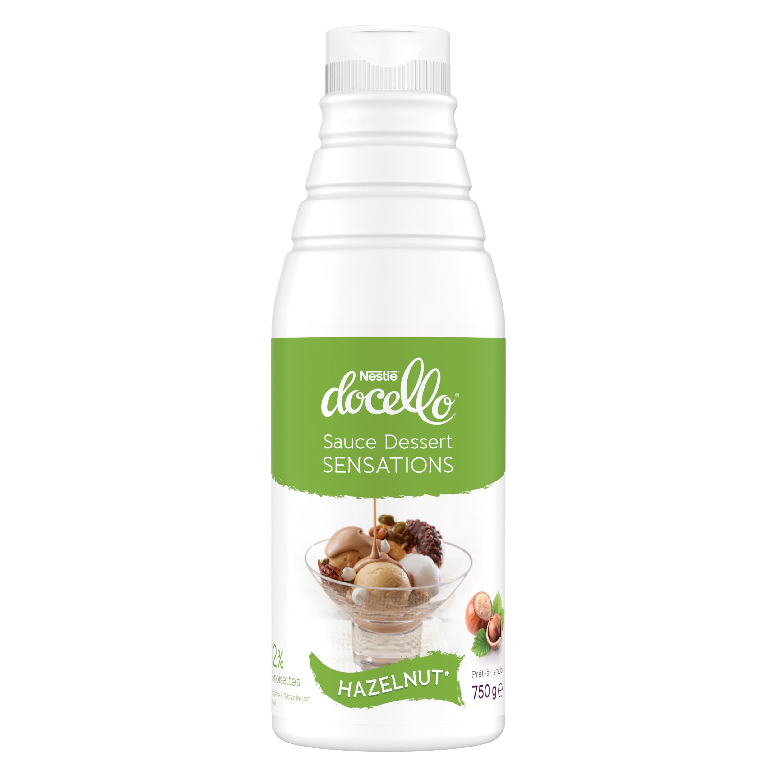 NESTLÉ DOCELLO Sauce Sensation Hazelnut - Sauce Dessert Noisette - Forte Teneur en Noisette (12%) - Aide à la Pâtisserie, Topping, Nappage Gâteau, Coulis - Bouteille Squeeze - 750g (Lot de 2)