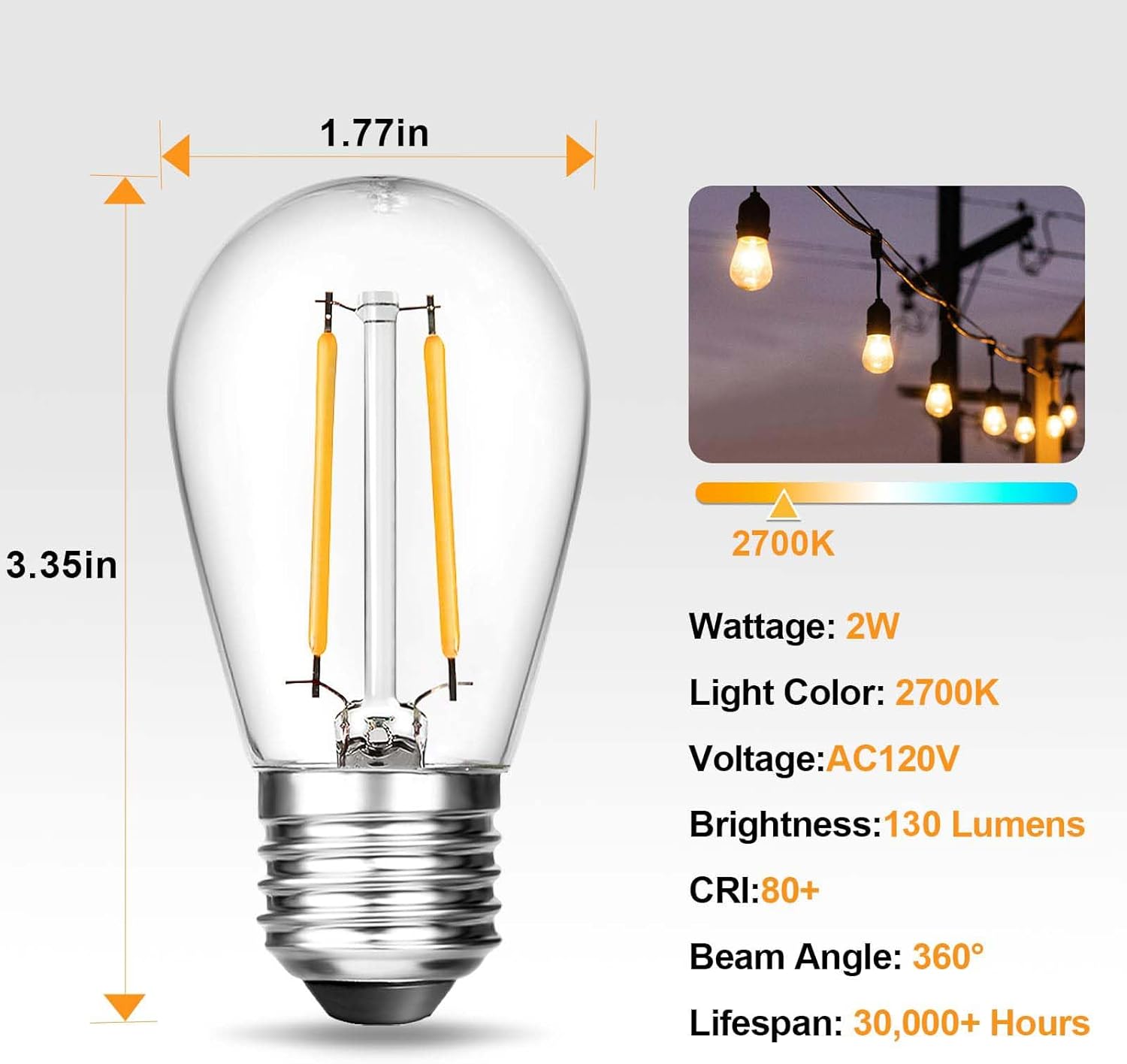 BRIMAX 25 Pack 2W S14 Replacement LED Bulbs,2700K Soft Warm White, Shatterproof Waterproof Outdoor String Light Bulbs Dimmable,E26 Medium Base,Plastic Edison Bulbs for Patio Garden - Image 3