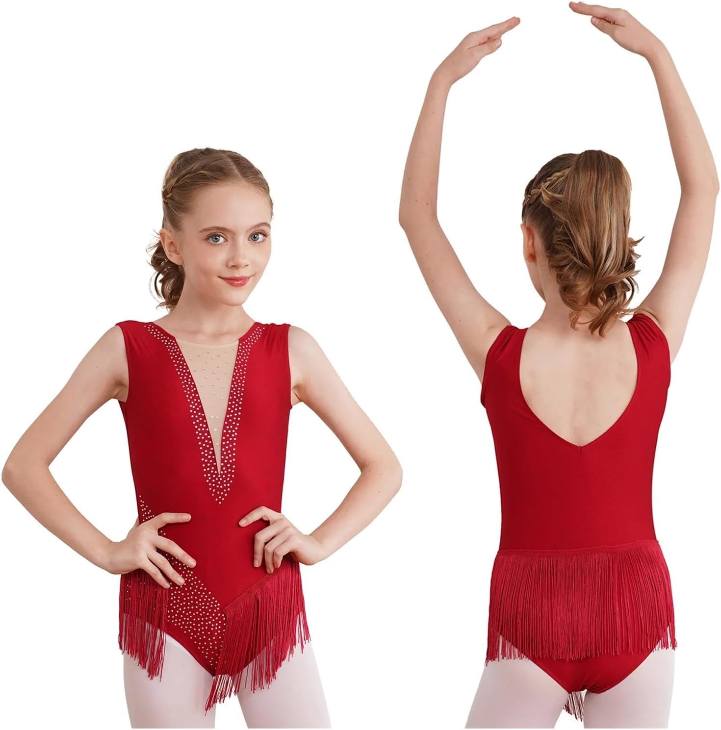 Kids Girls Ballet Dance Leotard Rhinestone Tassel Dress Gymnastics Figure Skating Latin Dancewear