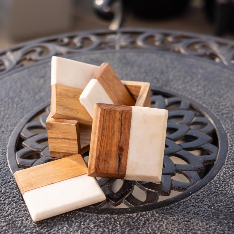 Image of Ireka Home Wood & Marble Coaster Set with Holder, Set of 4 | Handmade Stone Coasters, For Tea Cups, Coffee Mugs & Glasses, Home Decor