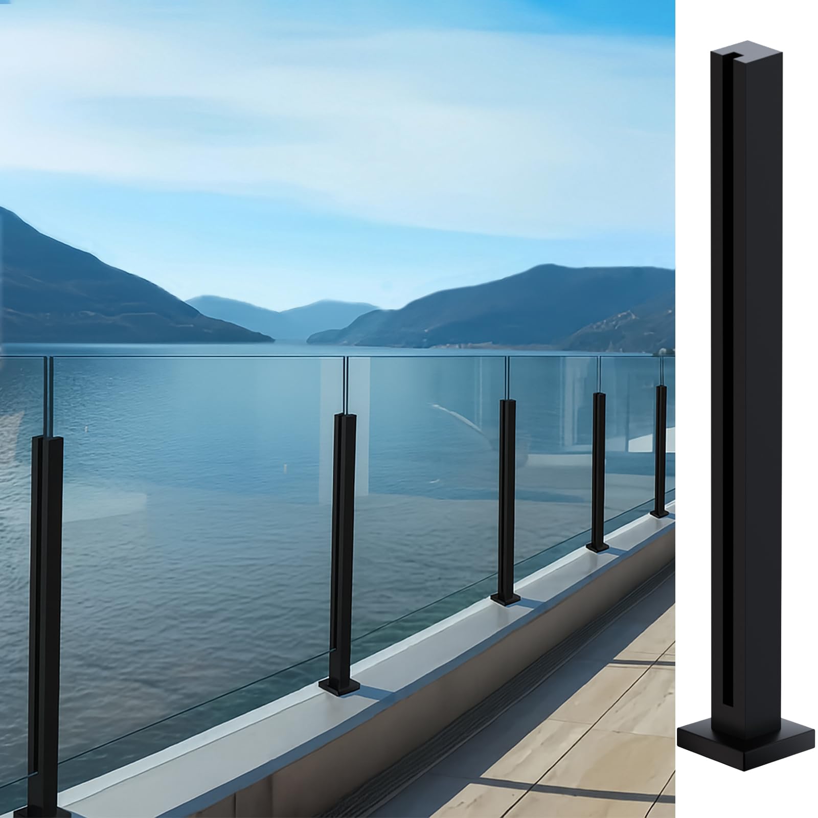 Glass Balustrade Post Black - 39.4in/100cm Topless Glass Deck Railing System with Spigots Slots for Deck, Steps, Balcony, Pool, Garden, Patio Stairs - Stainless Steel Square