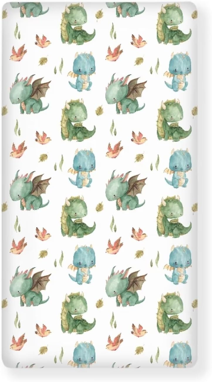 Cute Dragon Fitted Crib Sheet Fantasy Watercolor Green Blue Animal Standard Crib Mattress Fitted Sheet Orange Bird Toddler Bed Mattress Sheets Crib Mattress Sheet 28"x52"