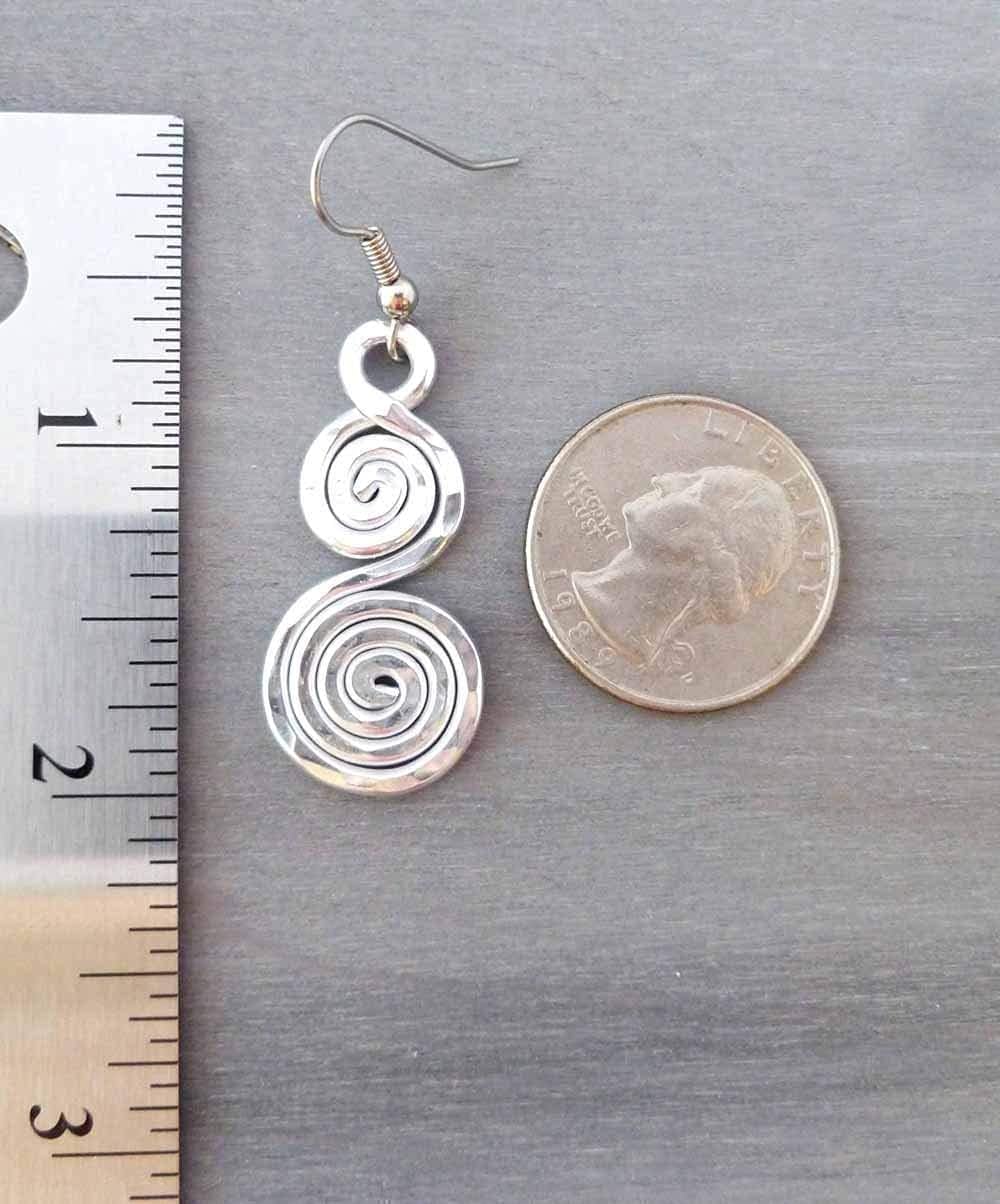 Pillar of Salt Studio Handcrafted Earrings in Silver-tone Hammered Aluminum and Stainless Steel Double Spiral (1-1/4" drop)