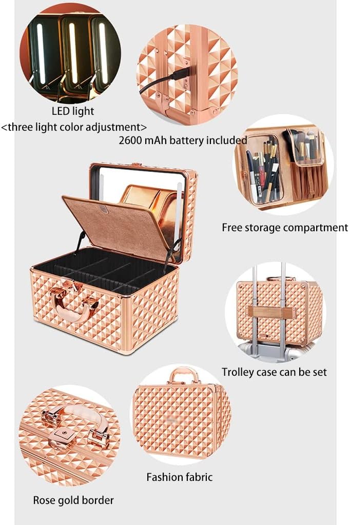 makeup box Portable Makeup Box,14-inch cosmetic storage box, Suitable for makeup artists/long trips,can be hand-held/hangable luggage box hanging rod ( Color : Rose gold , Size : 36*16.3*27.6c